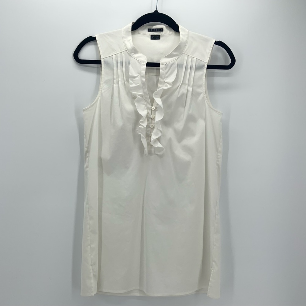 Theory Womens S Blouse Top White Sleeveless Ruffled Notch Neck Stretch Pleated